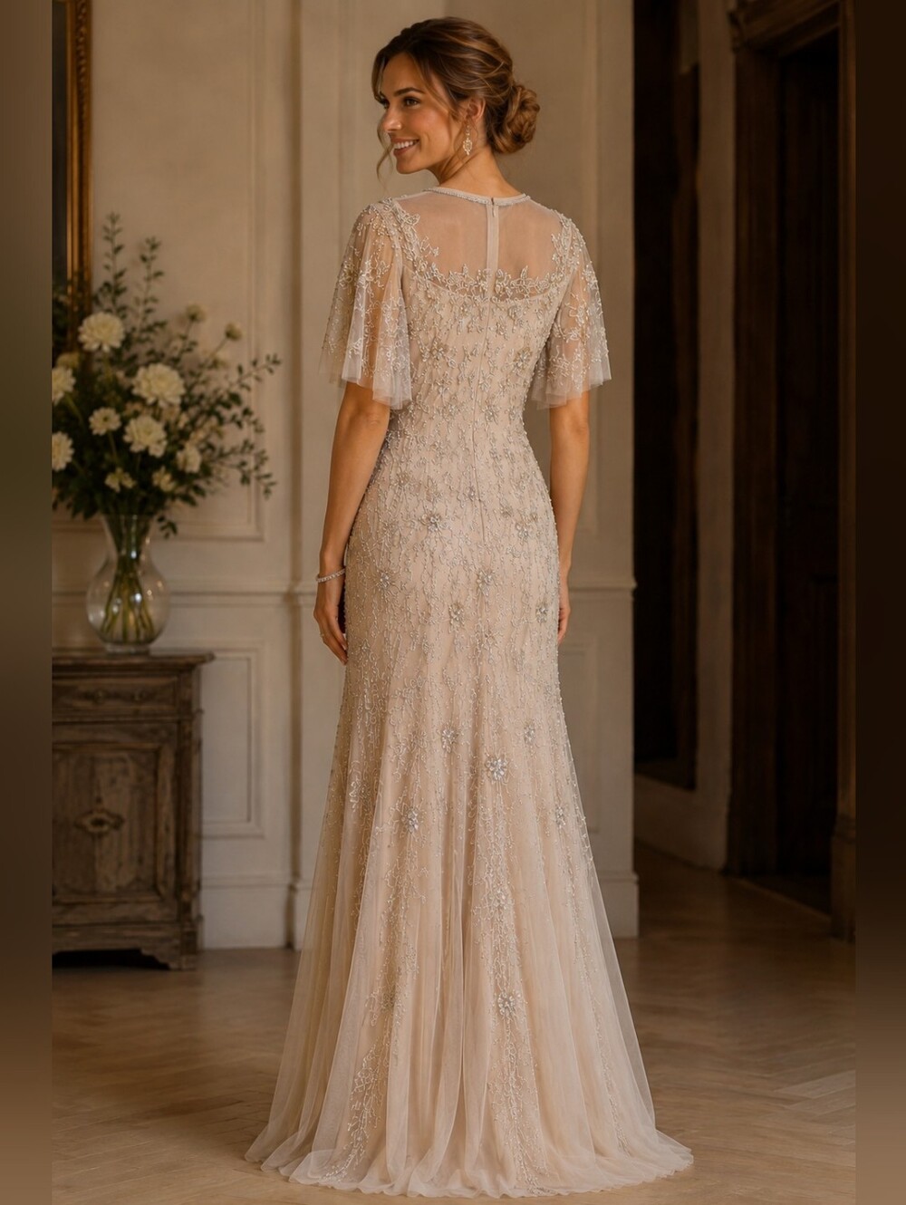 Adrianna Papell Biscotti Beaded Embellished Tulle Gown NWT Size 10 Ptp 18-19 - Picture 2 of 8